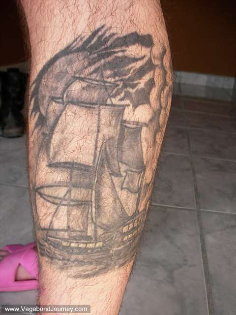 Tattoo of a ship that was done in the paseos of Lima, Peru.