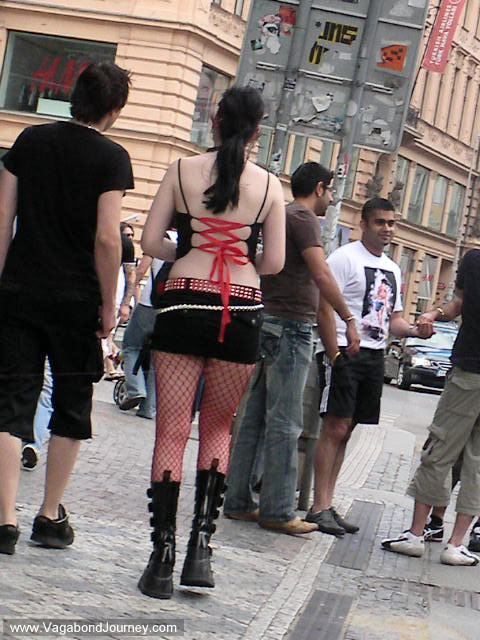 Tattoo Girl in short skirt on the streets of Prague.