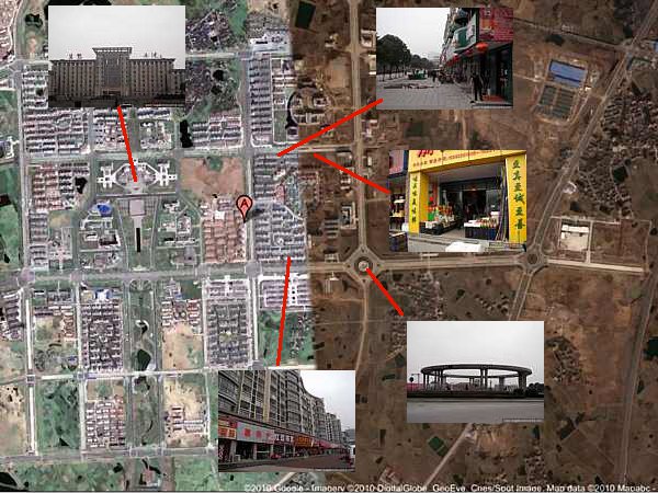 Dantu: then and now. Satellite image that was used as evidence that Dantu was a ghost city in 2010 overlaid with photos of how it is now. 