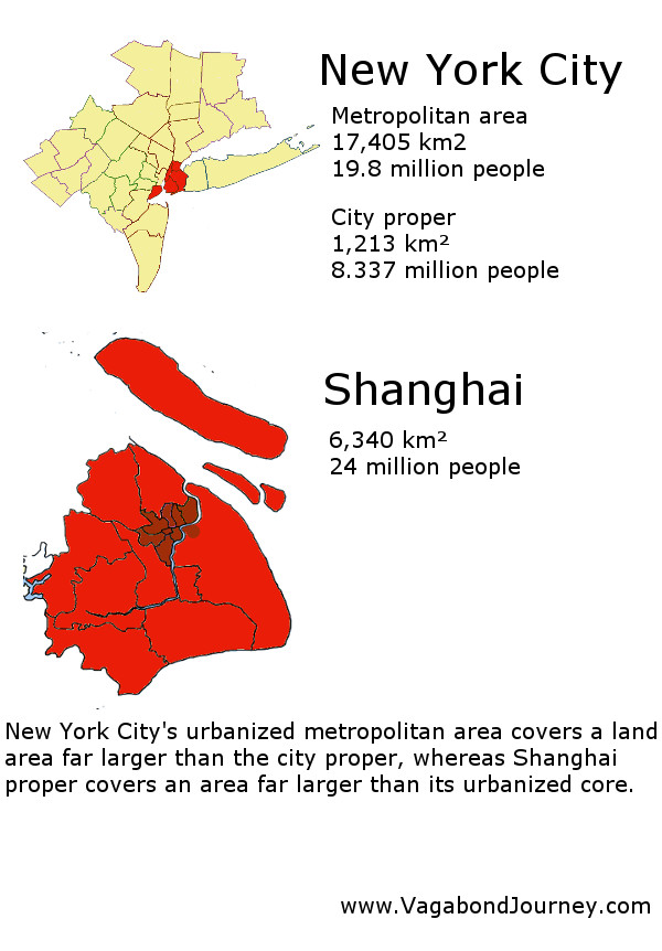 New York's urban area and the city proper contrasted with Shanghai's heavily urbanized area (in dark red) and it's city proper.